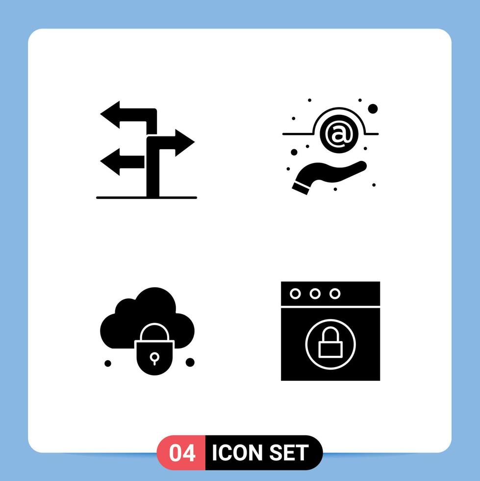 conjunto moderno de 4 glifos y símbolos sólidos, como la aplicación de soporte de correo electrónico con bloqueo de flecha, elementos de diseño vectorial editables vector