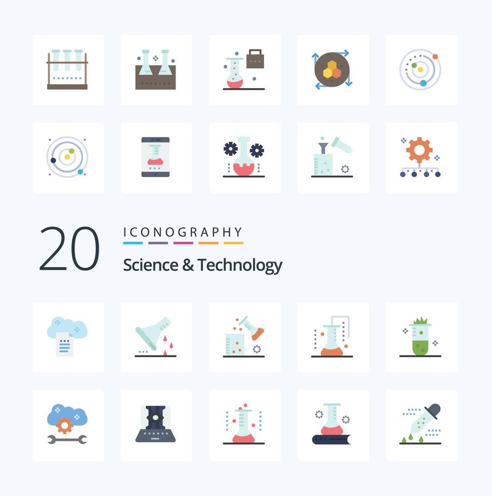 20 Science And Technology Flat Color icon Pack like chemistry alcoholic fermentation sample flask scientific research science lab vector