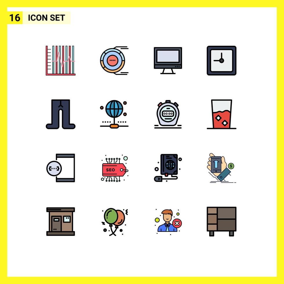 16 Universal Flat Color Filled Lines Set for Web and Mobile Applications time clock estimation pc device Editable Creative Vector Design Elements