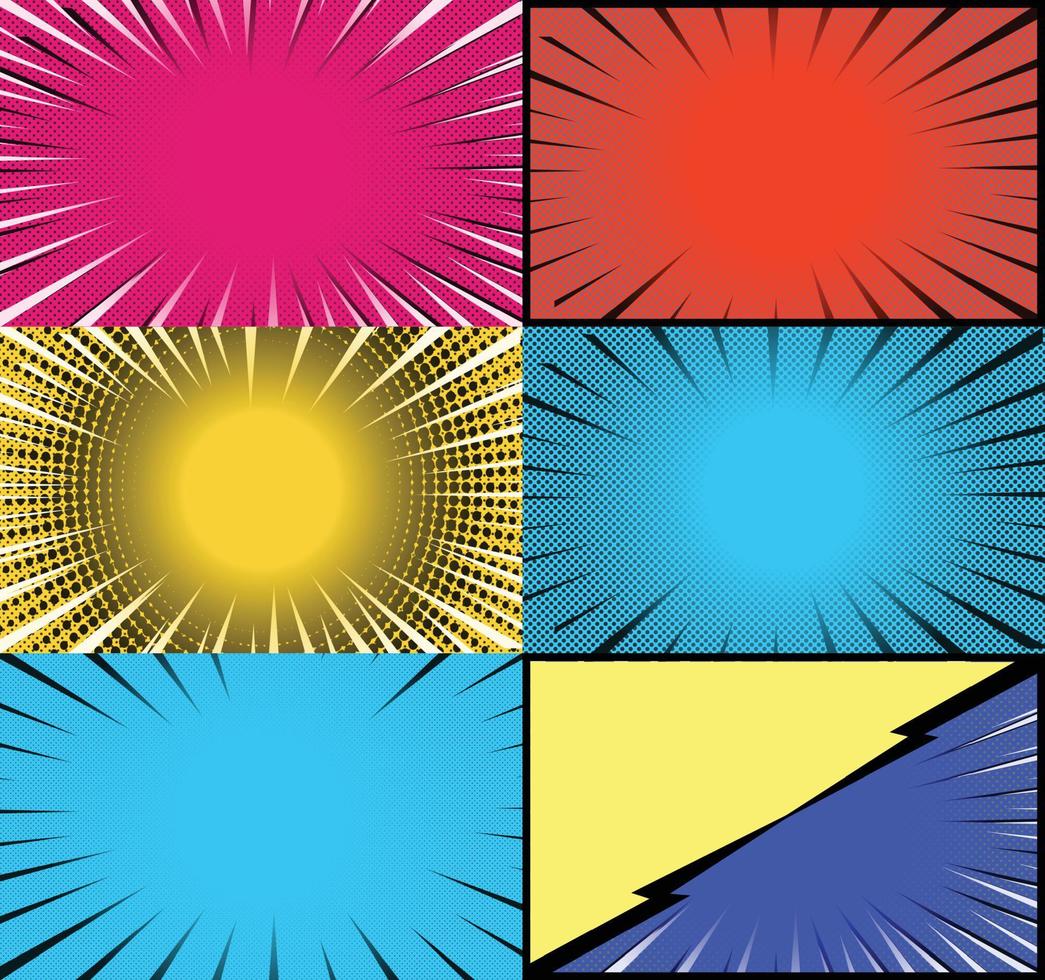 Comic book colorful frames background with halftone rays radial and dotted effects pop art style vector