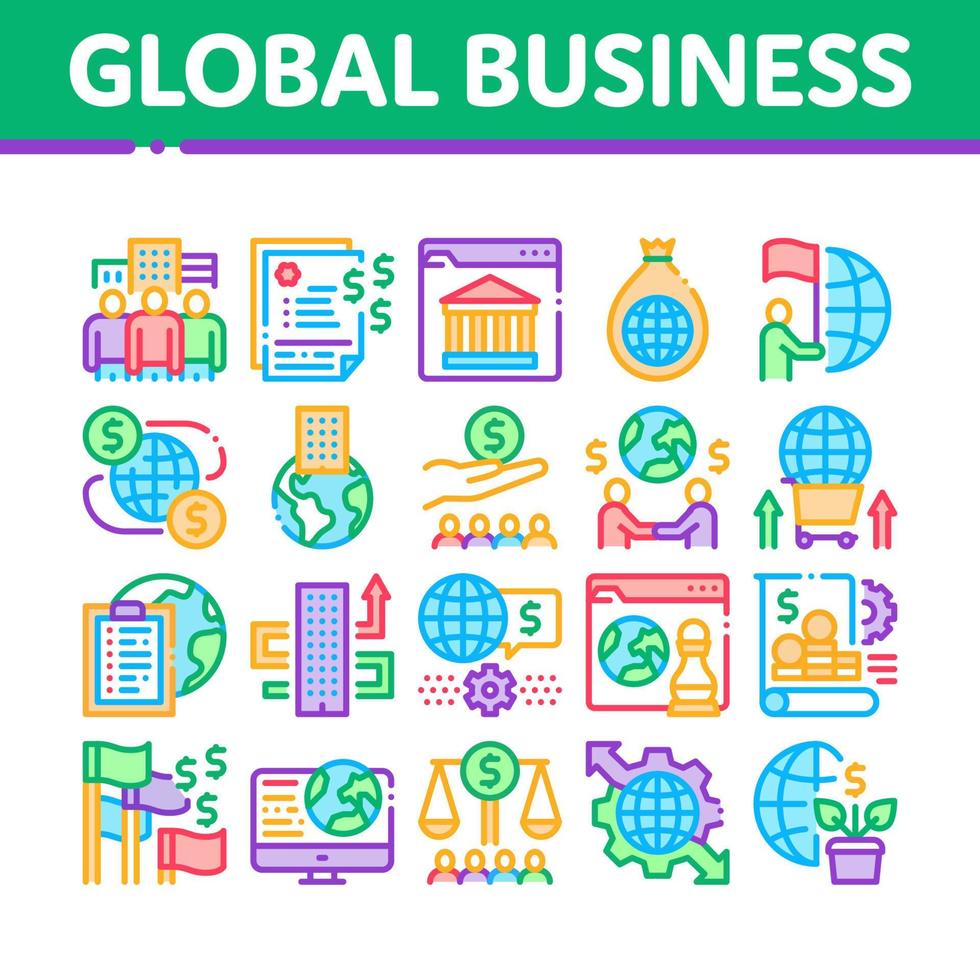 conjunto de iconos de estrategia de finanzas empresariales globales vector