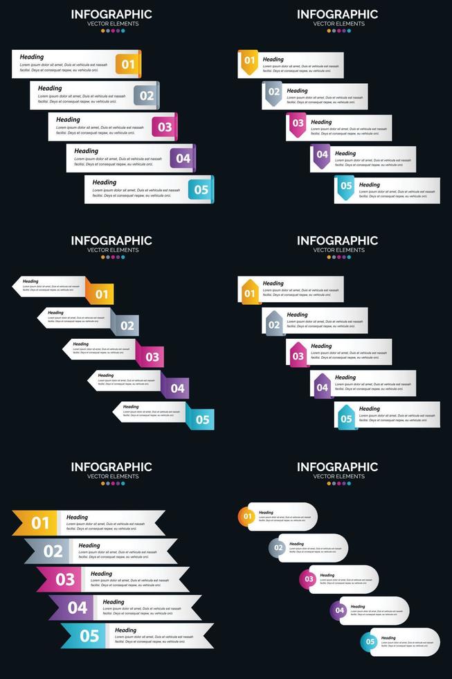 plantilla de diapositiva de presentación del paquete de infografías vectoriales 6 diagramas de ciclo de 5 pasos y líneas de tiempo vector