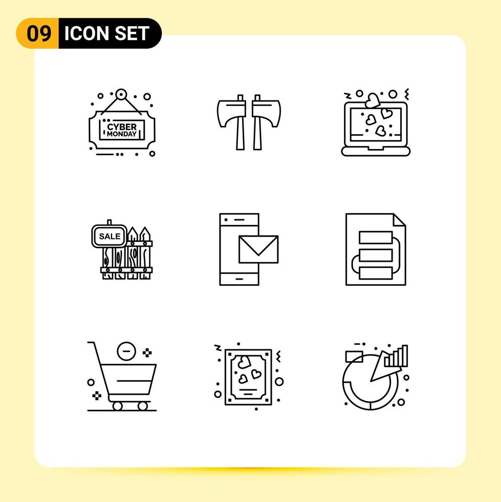 Stock Vector Icon Pack of 9 Line Signs and Symbols for house sale heart realty fence Editable Vector Design Elements