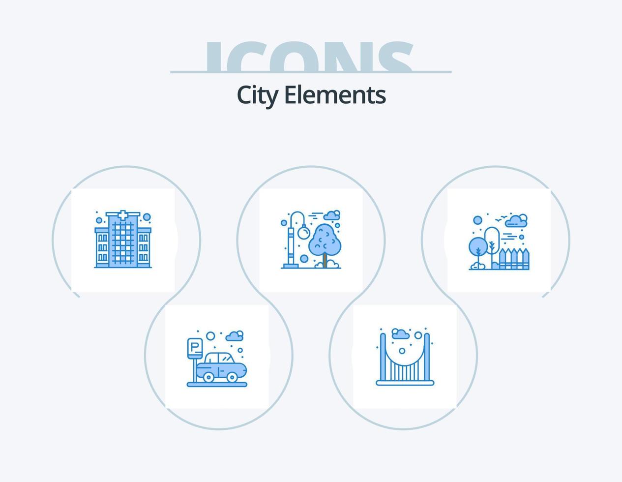 elementos de la ciudad icono azul paquete 5 diseño de iconos. parque. ciudad. hospital. edificio. parque vector