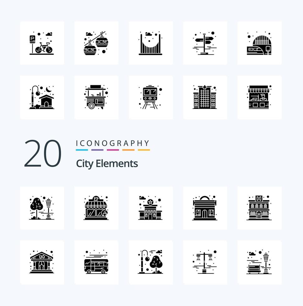 20 City Elements Solid Glyph icon Pack like play building police apartment night vector