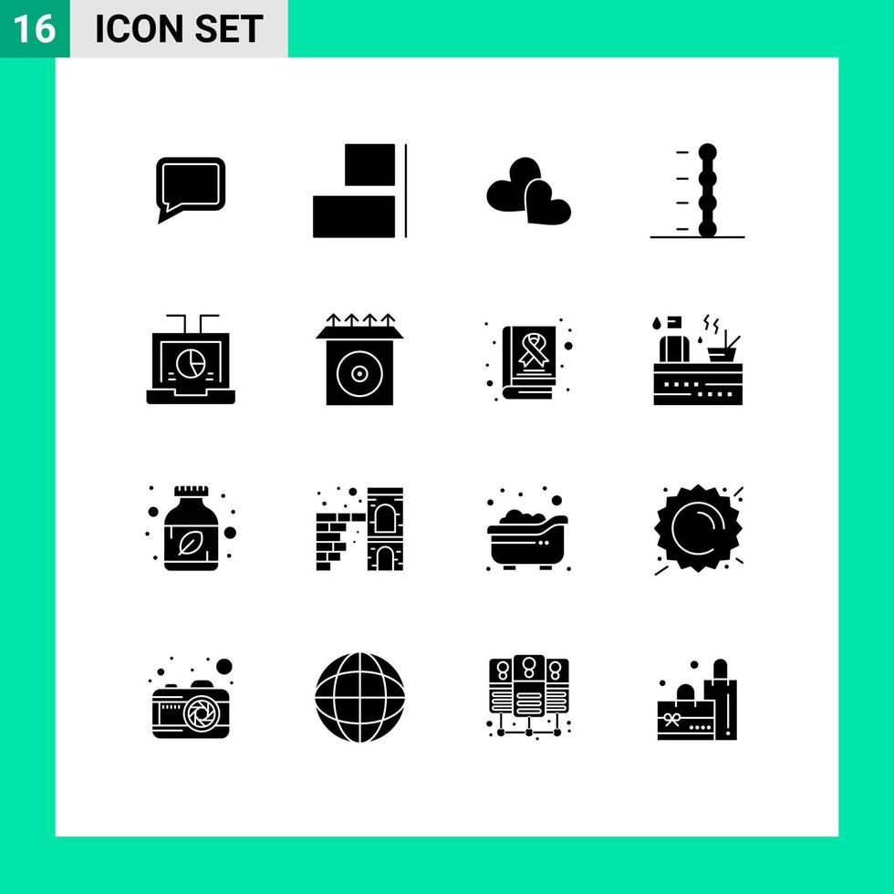 Modern Set of 16 Solid Glyphs Pictograph of seo laptop loves data transmission Editable Vector Design Elements