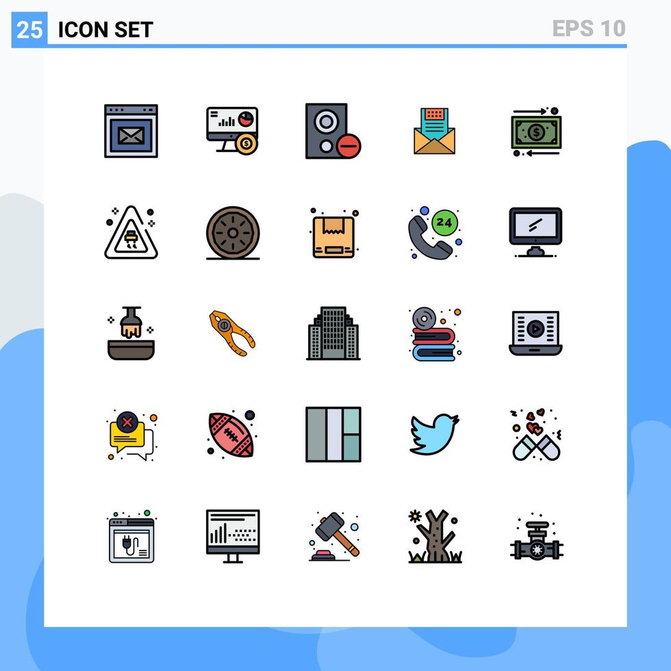 Set of 25 Vector Filled line Flat Colors on Grid for envelope e computers communication remove Editable Vector Design Elements