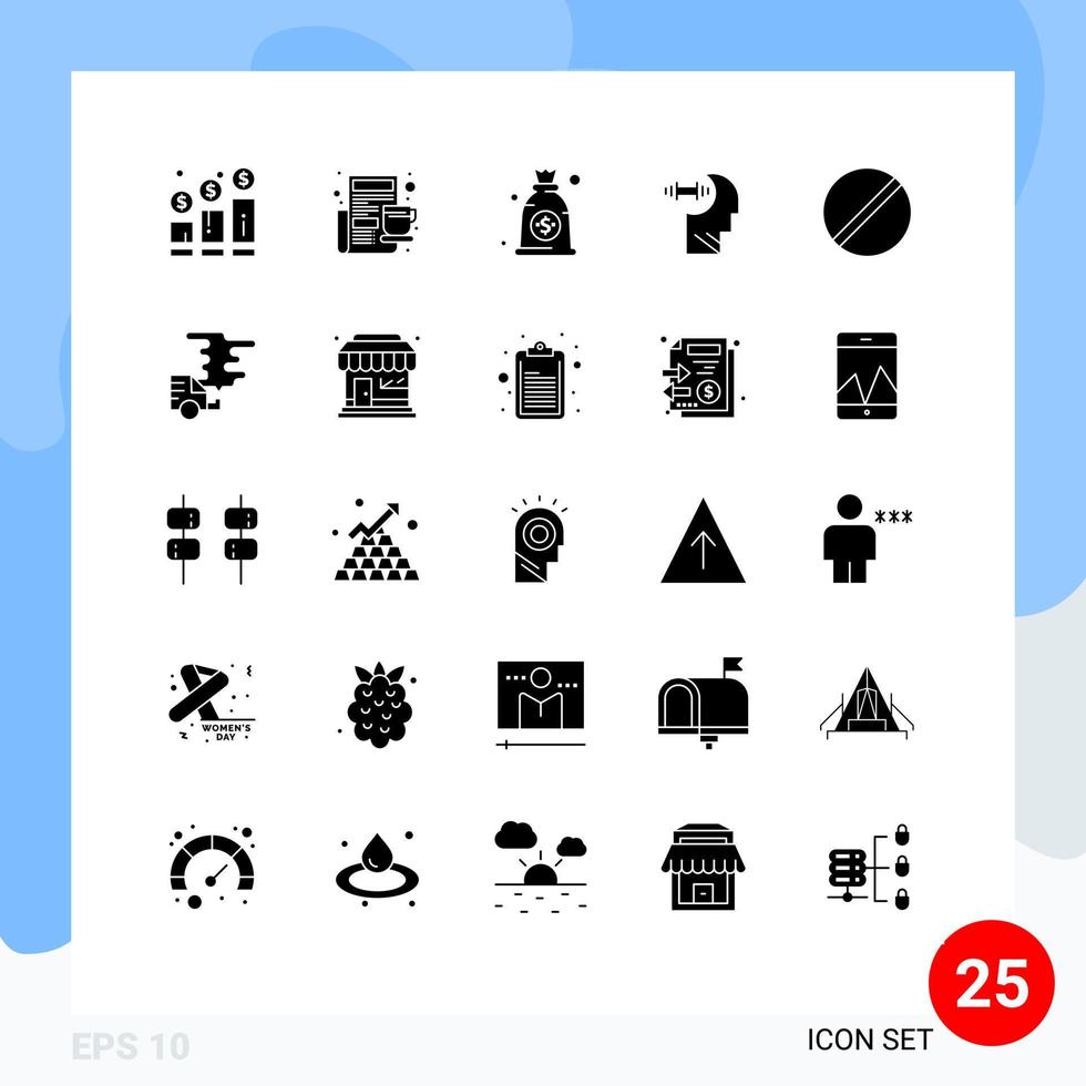 Pack of 25 creative Solid Glyphs of chemistry head newspaper daubbell training Editable Vector Design Elements