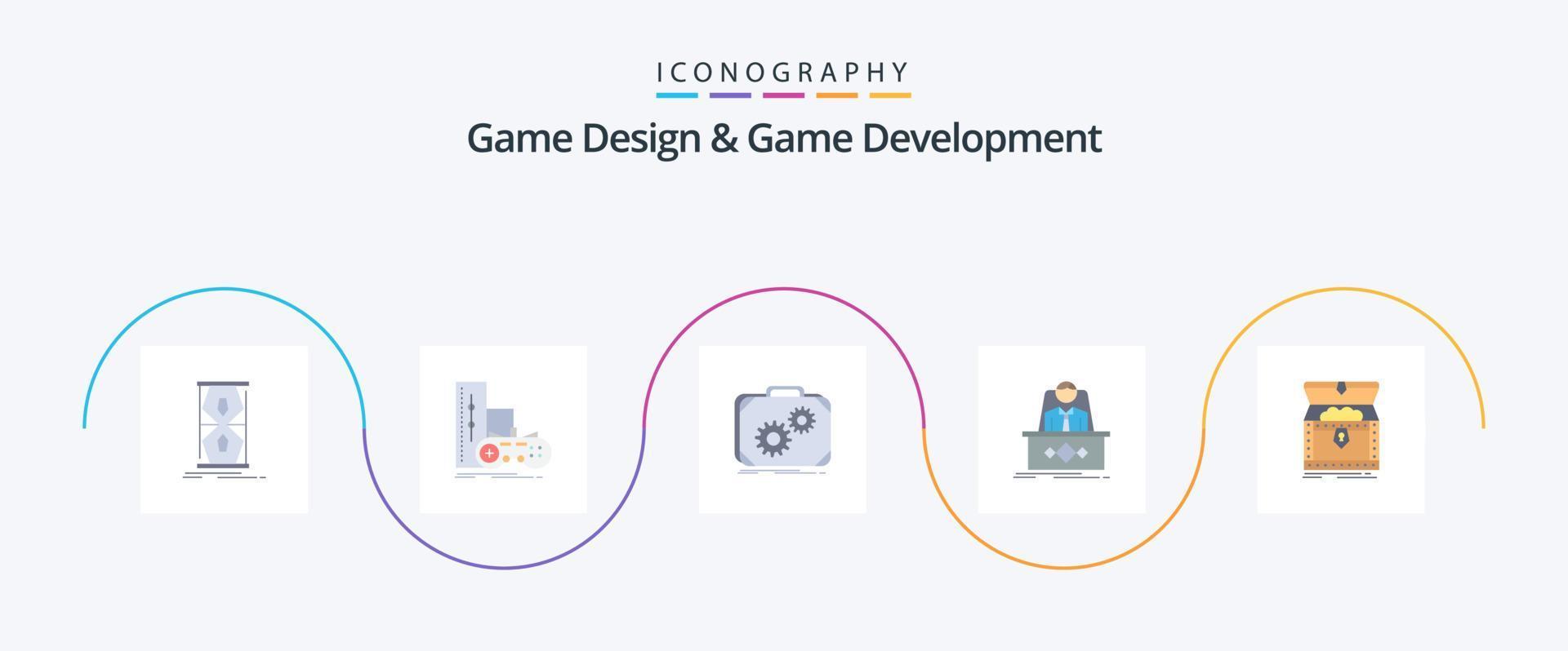 diseño de juegos y desarrollo de juegos paquete de iconos planos 5 que incluye leyenda. juego. tocar. trabaja. producción vector