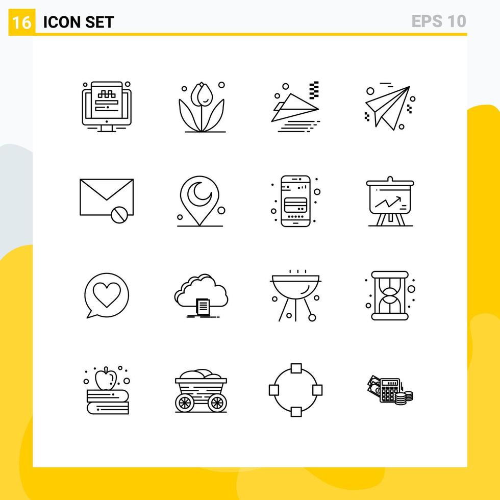 Editable Vector Line Pack of 16 Simple Outlines of sms mail airplane envelope plane Editable Vector Design Elements