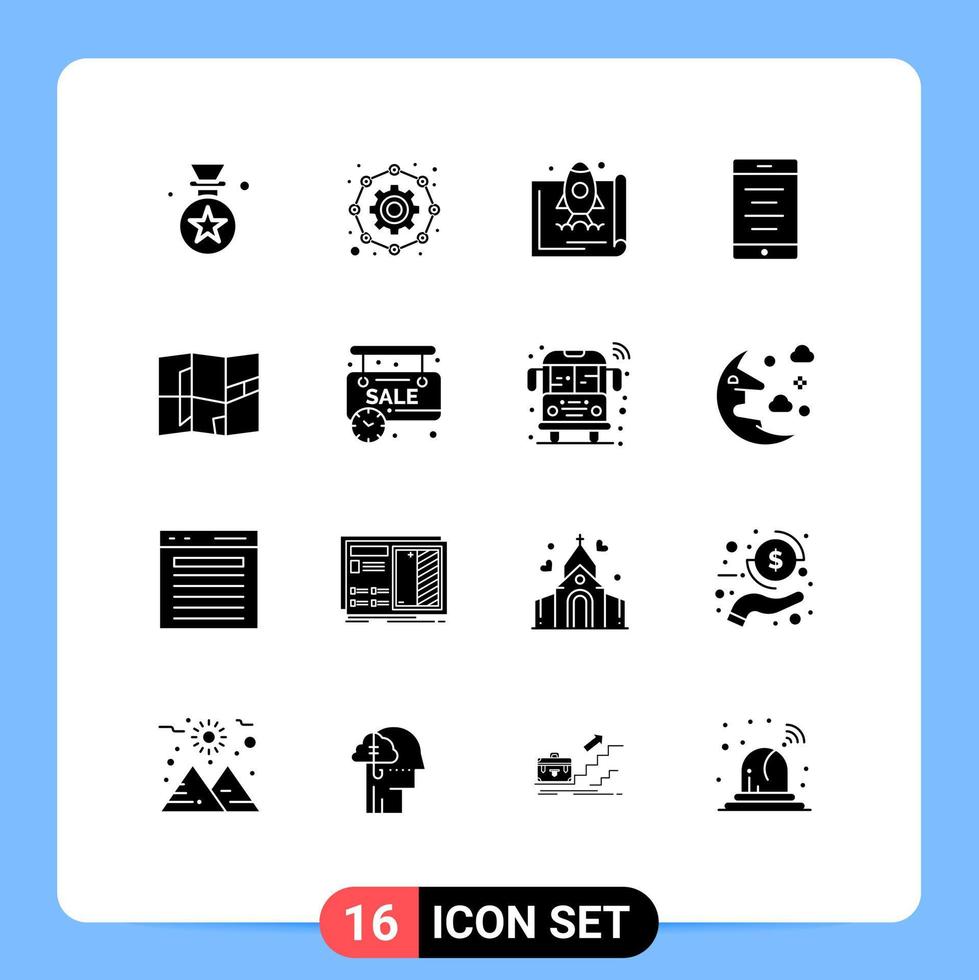 Group of 16 Modern Solid Glyphs Set for map cell entrepreneur text promote Editable Vector Design Elements