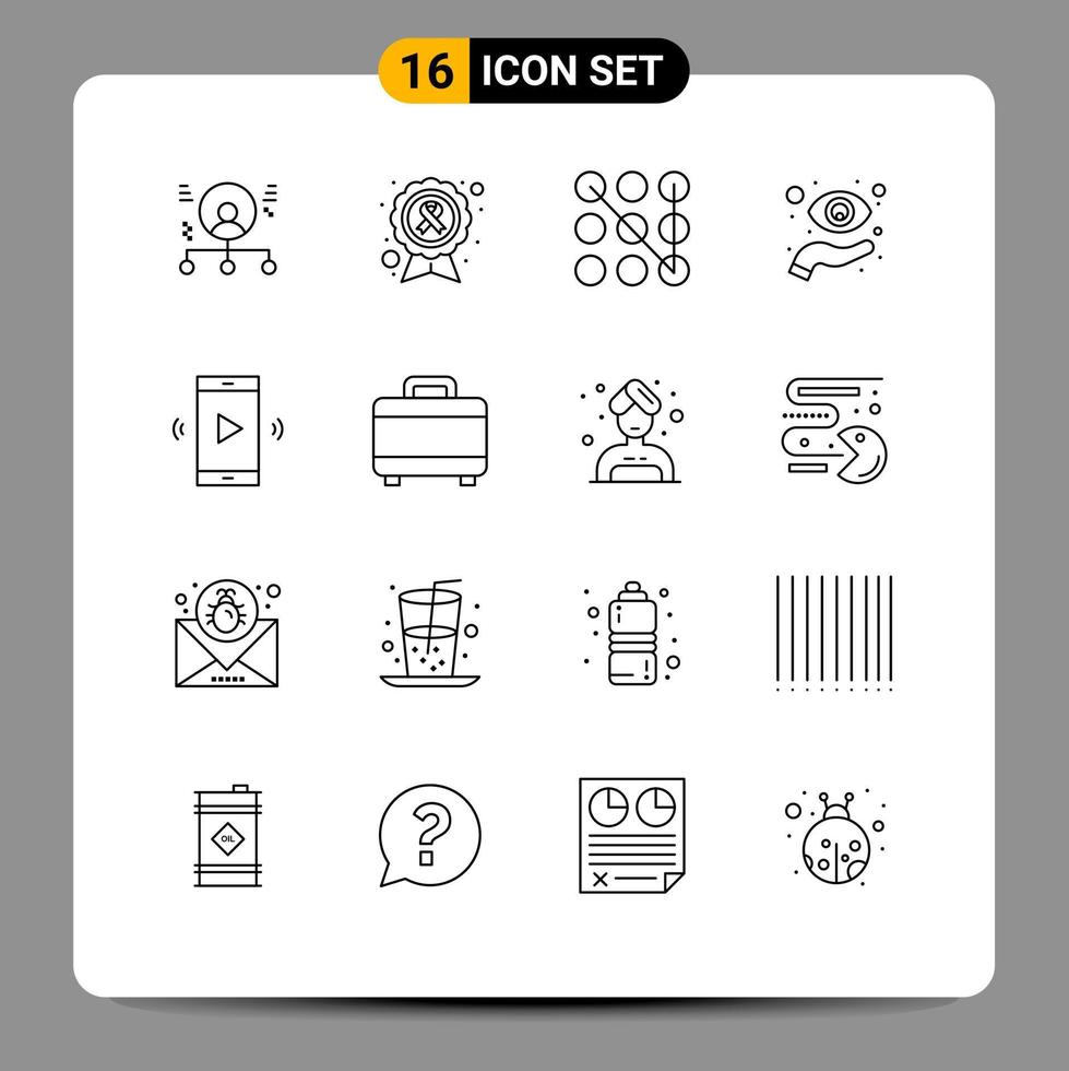 Mobile Interface Outline Set of 16 Pictograms of vision hand cause focus security Editable Vector Design Elements