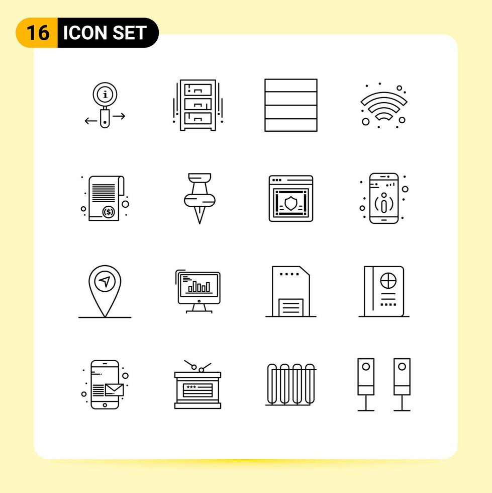 Modern Set of 16 Outlines Pictograph of tax finance wardrobe document wifi Editable Vector Design Elements