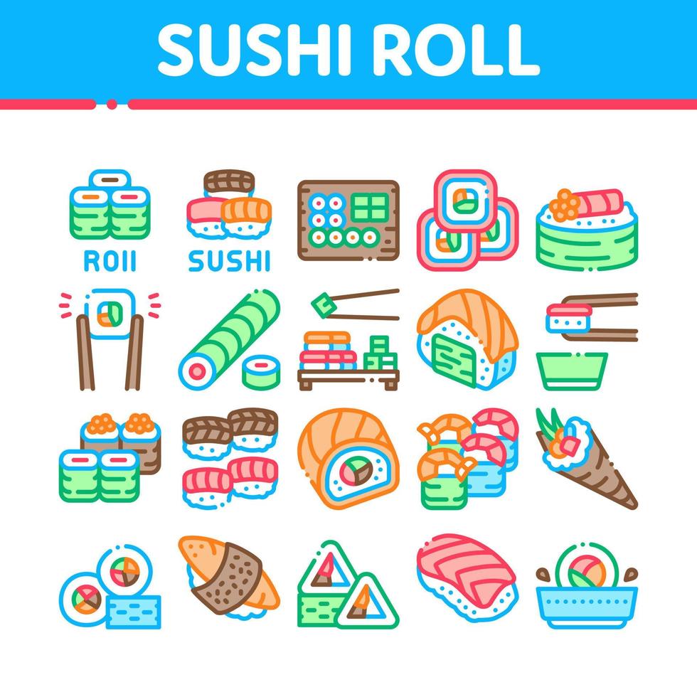 Sushi Roll Asian Dish Collection Icons Set Vector