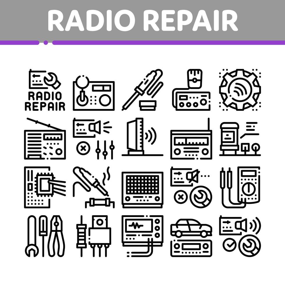 conjunto de iconos de colección de servicio de reparación de radio vector