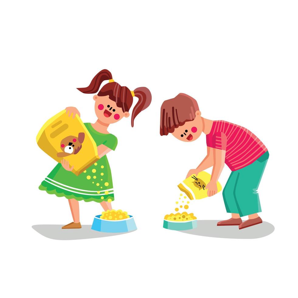 Pet Food Boy And Girl Pouring For Feeding Vector