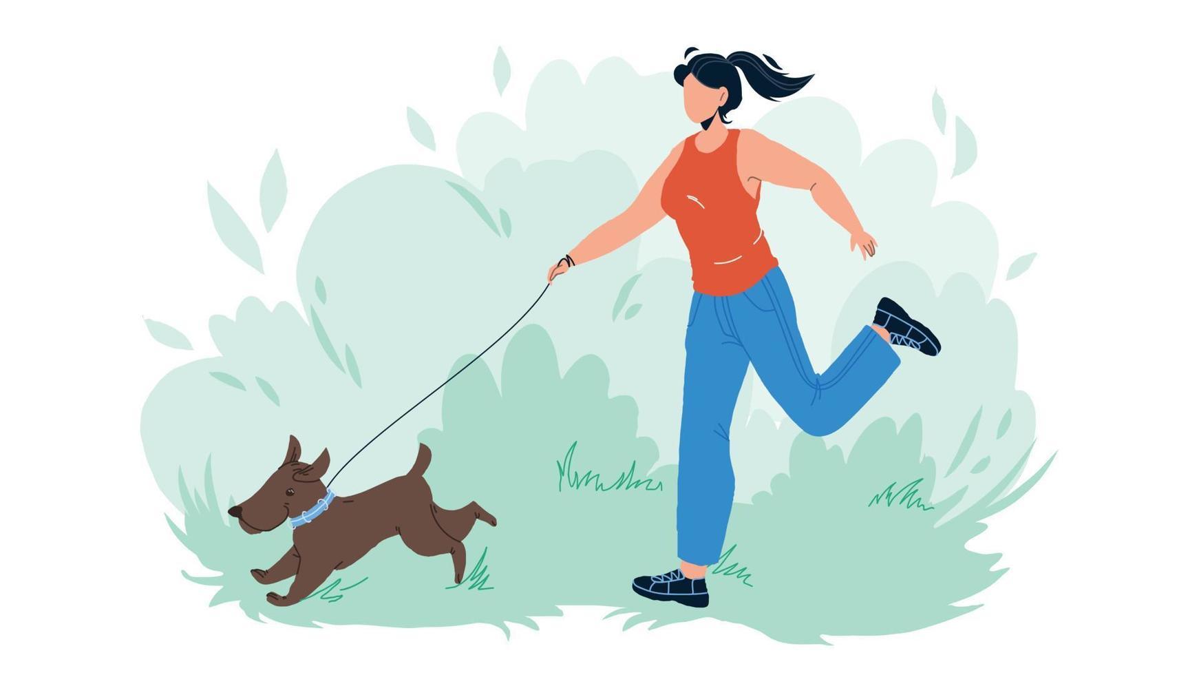 Pet Walking And Running In Park With Girl Vector