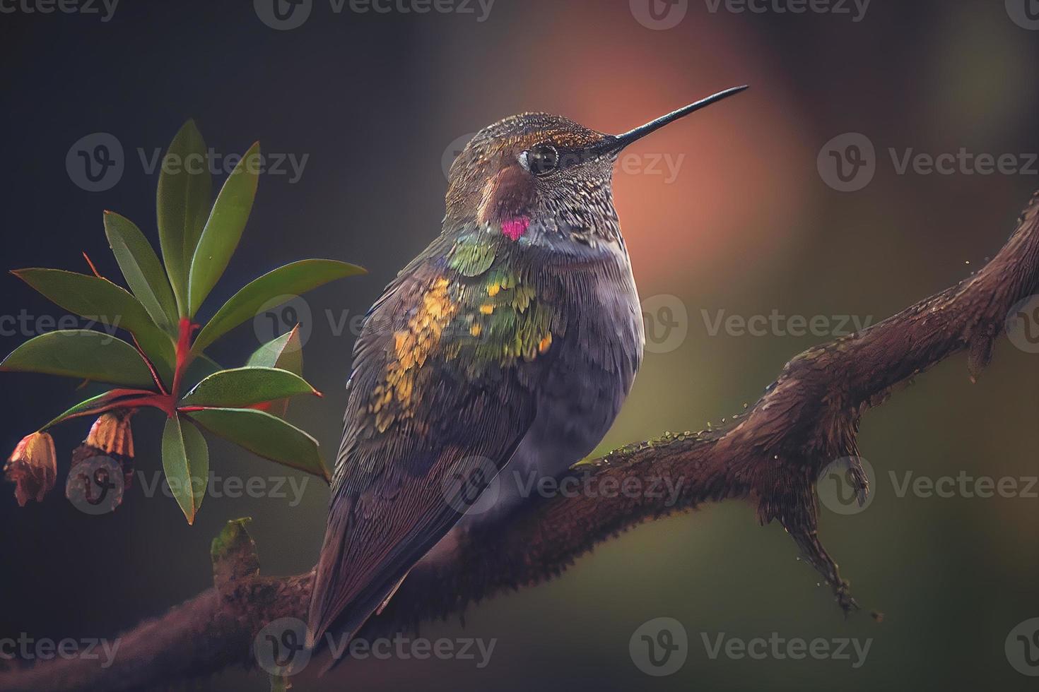 Intimate shot of a hummingbird perched on a tree branch, dim background puts the focus on the bird. photo