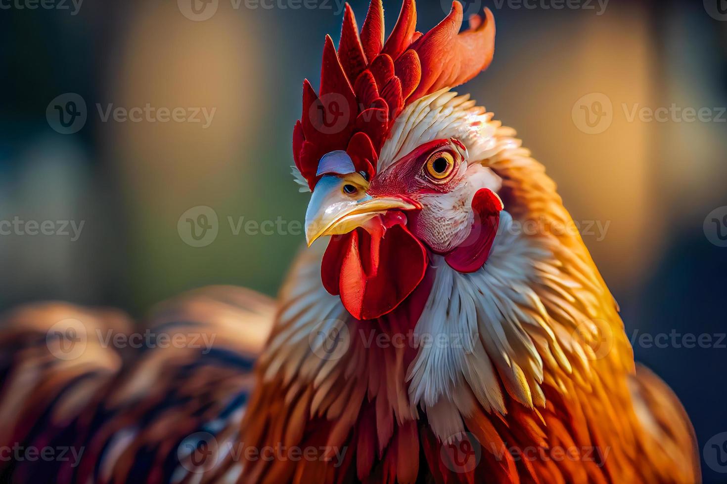 Close up of a chicken on a farm, set against natural background. photo