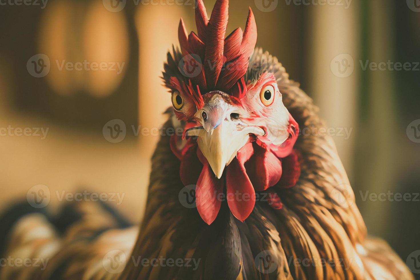 Close up of a chicken on a farm, set against natural background. photo