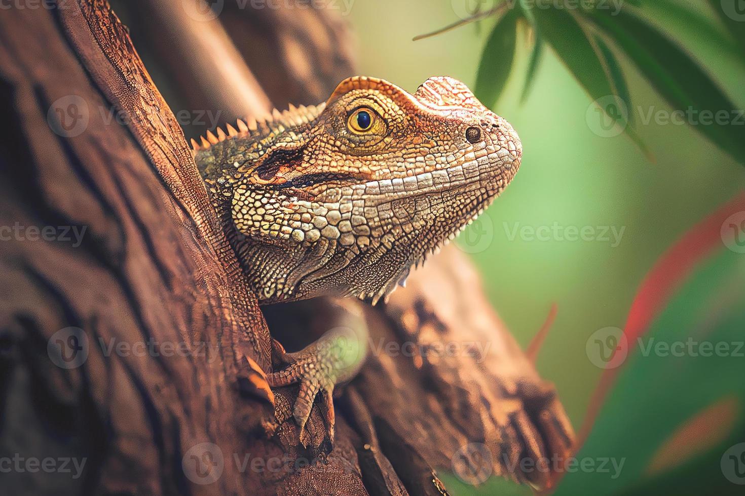 primer plano de un reptil en la rama de un árbol, frente a un impresionante fondo de pantalla natural de alta definición foto