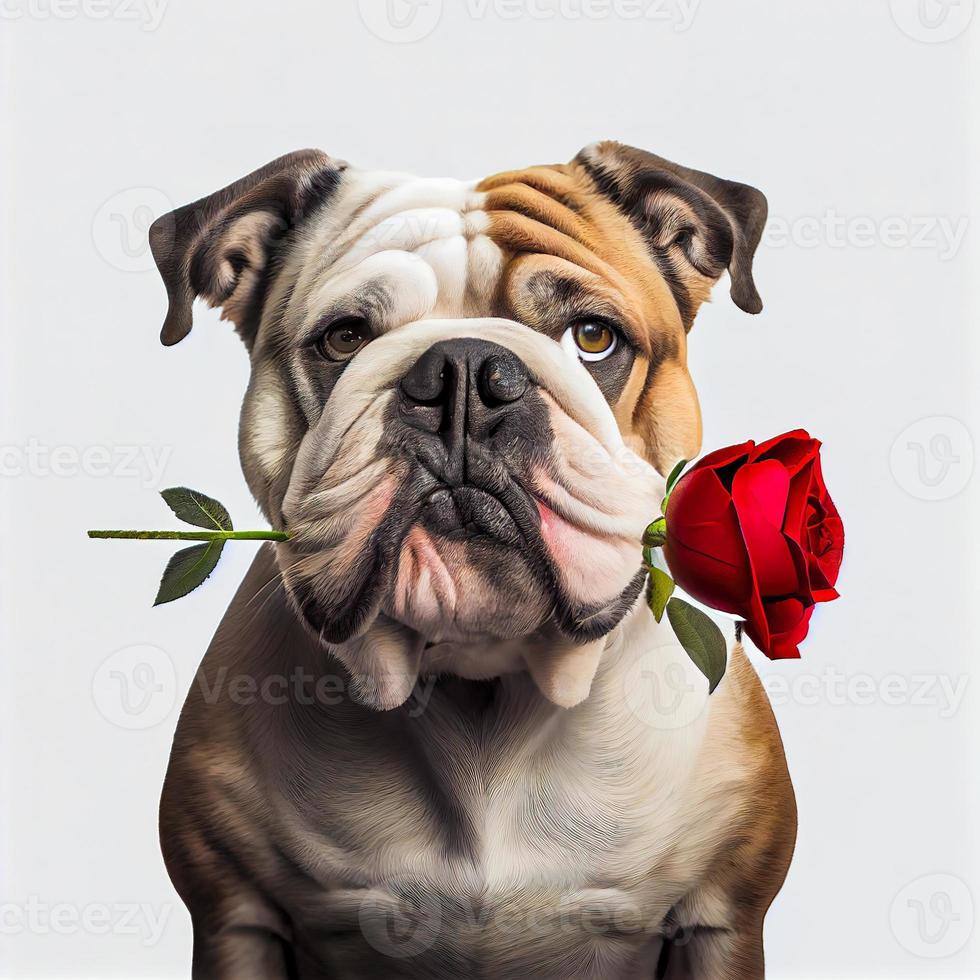 3D render adorable close-up of a Bulldog holding red rose in mouth isolate white background. photo