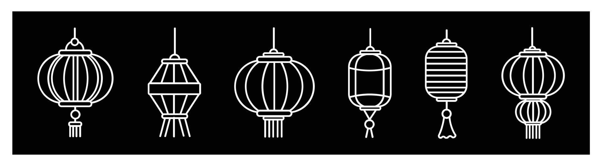 Vector set of Chinese lanterns, Japanese icon  lamp,hanging lanterns of traditional Asian decor. for design on black background.