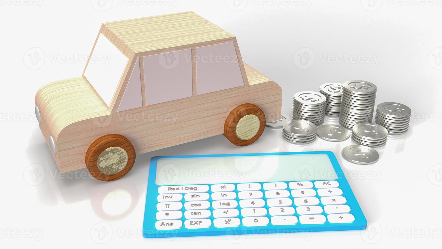 The toy wood car and blue calculator on white background  3d rendering photo