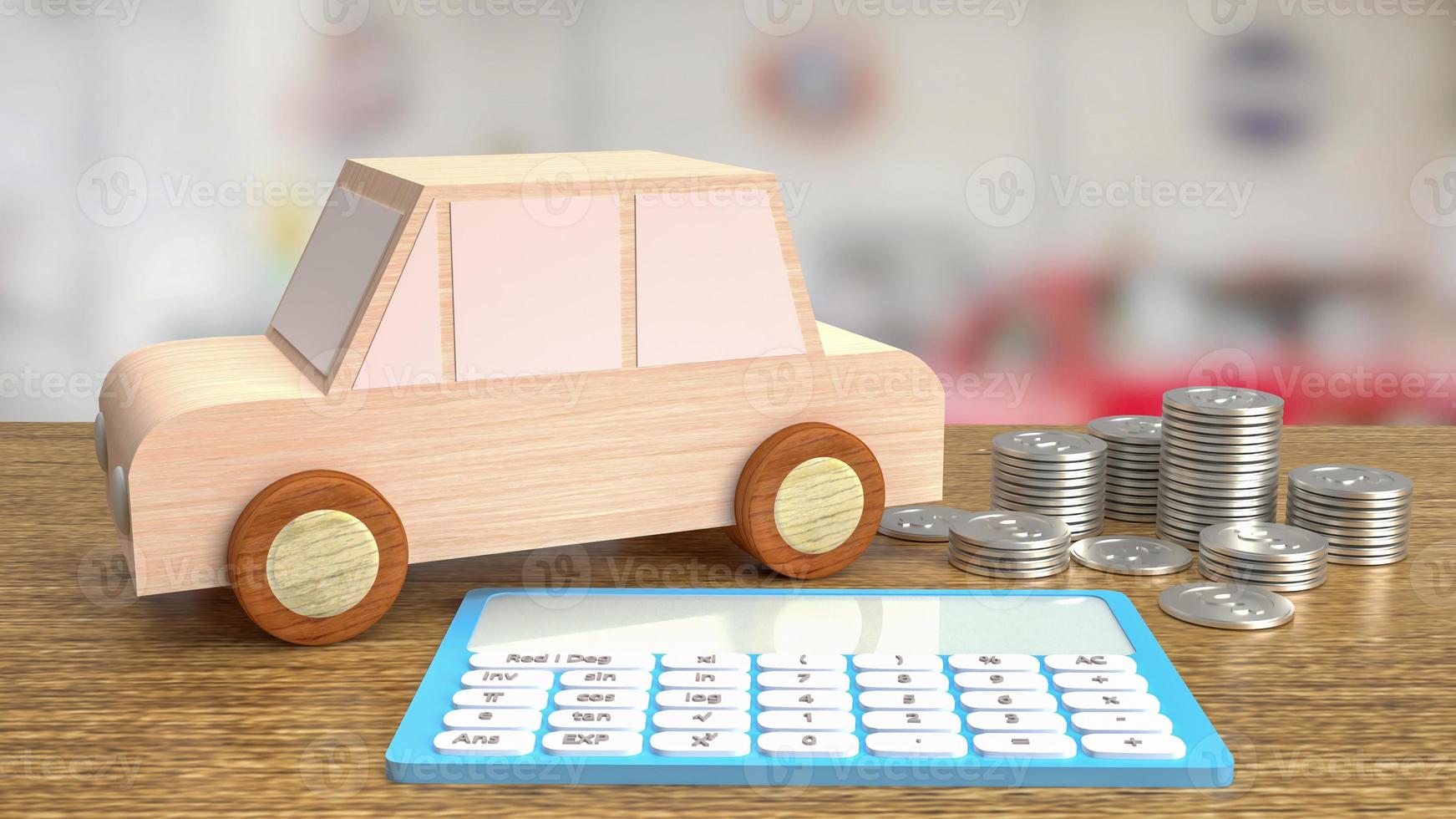 The toy wood car and blue calculator on wood table 3d rendering photo