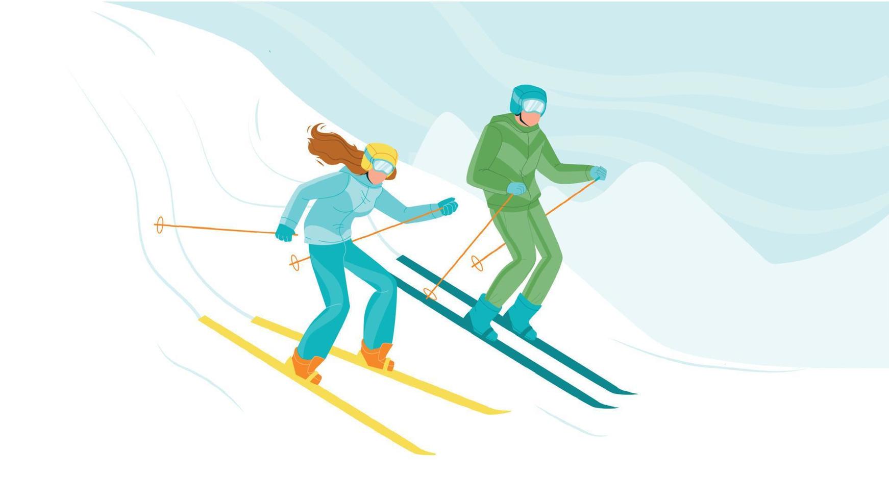 Man And Woman Skiing Downhill From Hill Vector