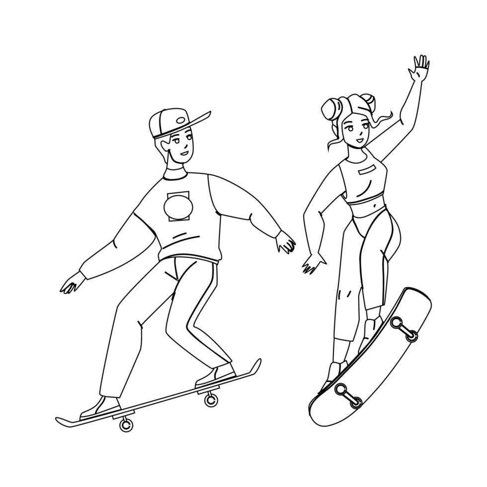 patineta, equitación, niño y niña, juntos, vector