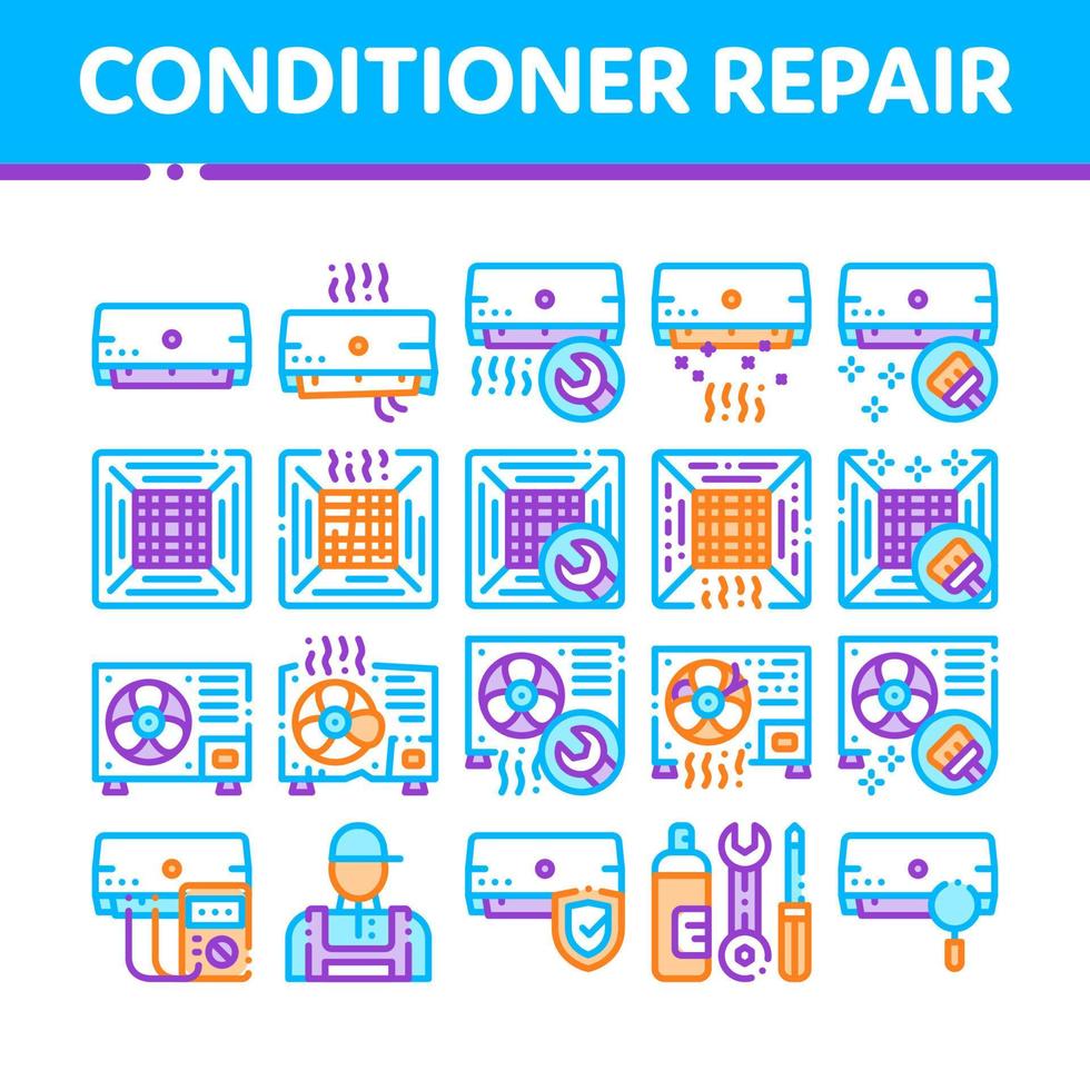 conjunto de iconos de línea delgada de vector de reparación de acondicionador