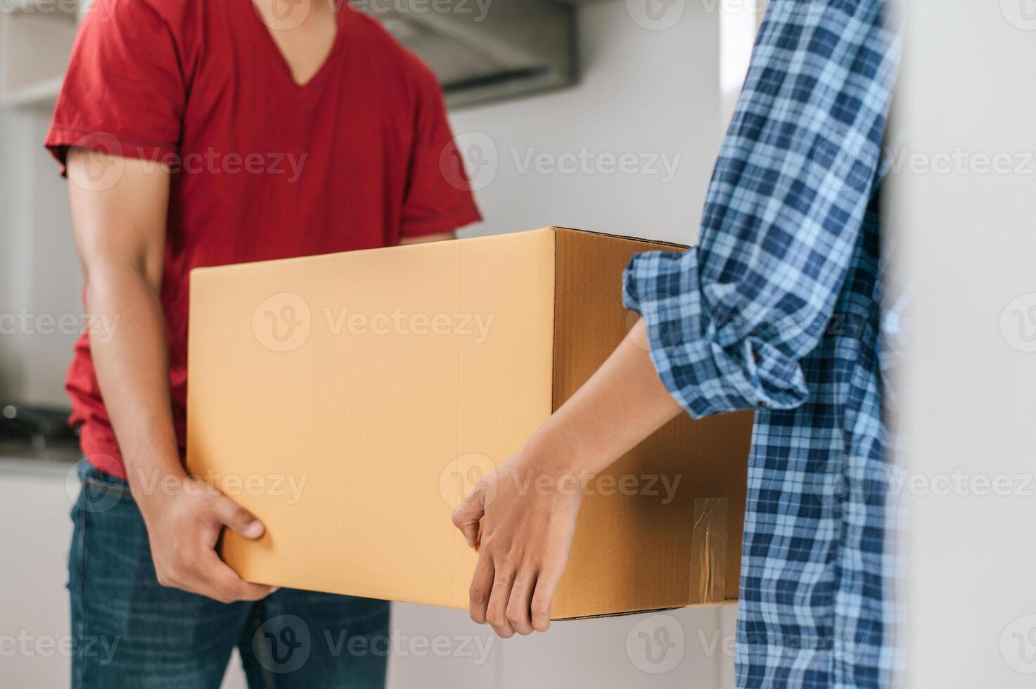 pareja joven mudando paquete a una nueva casa foto