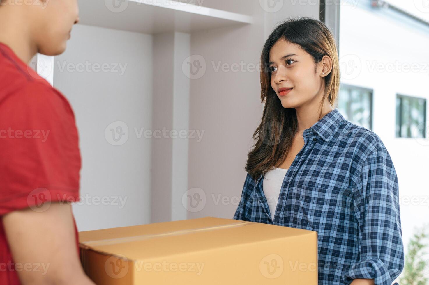 Young couple moving package into new house photo