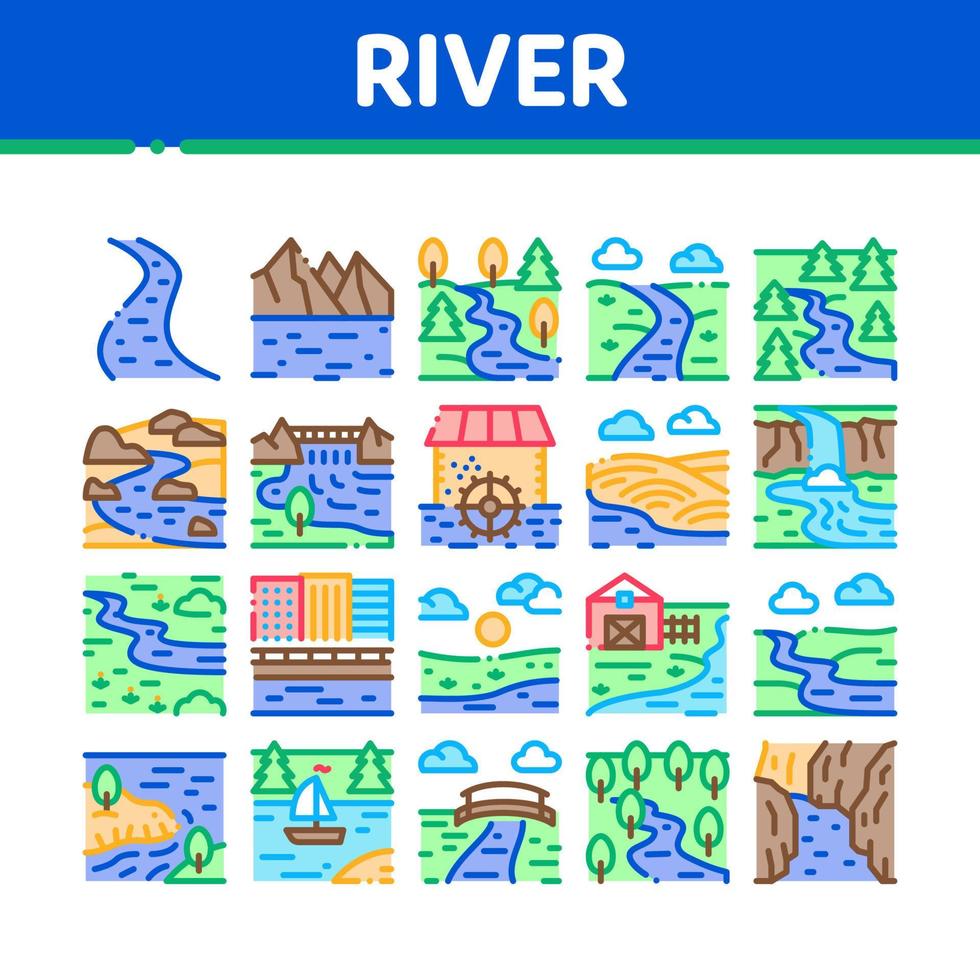 conjunto de iconos de colección de paisaje de río vector