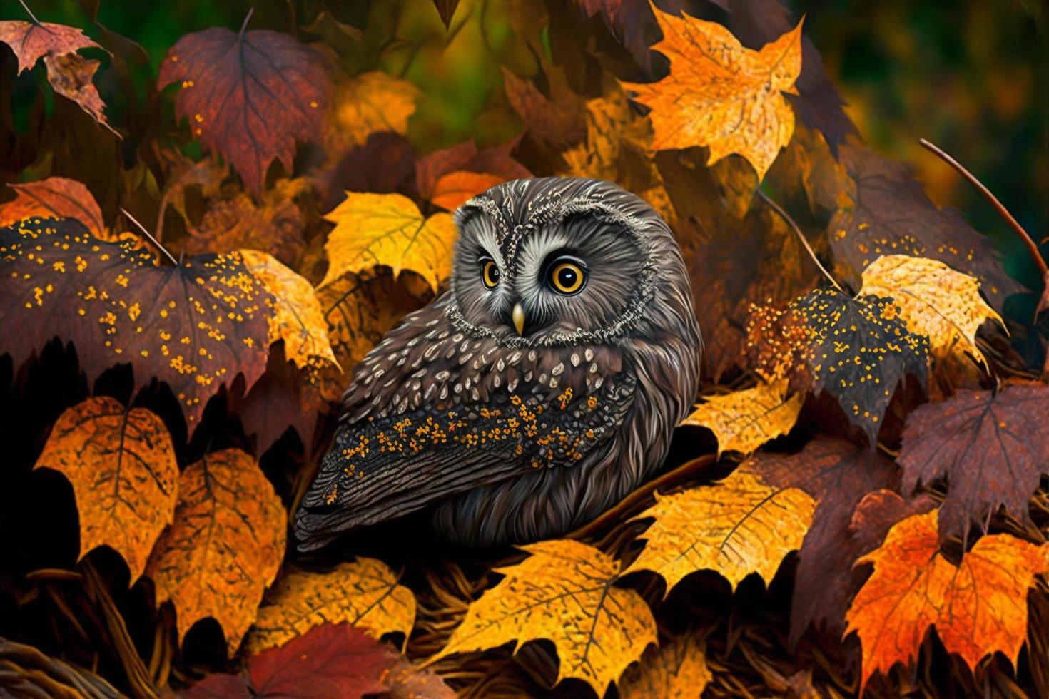 boreal owl in autumn leaves photo