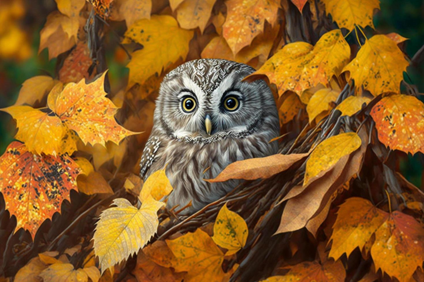 boreal owl in autumn leaves photo