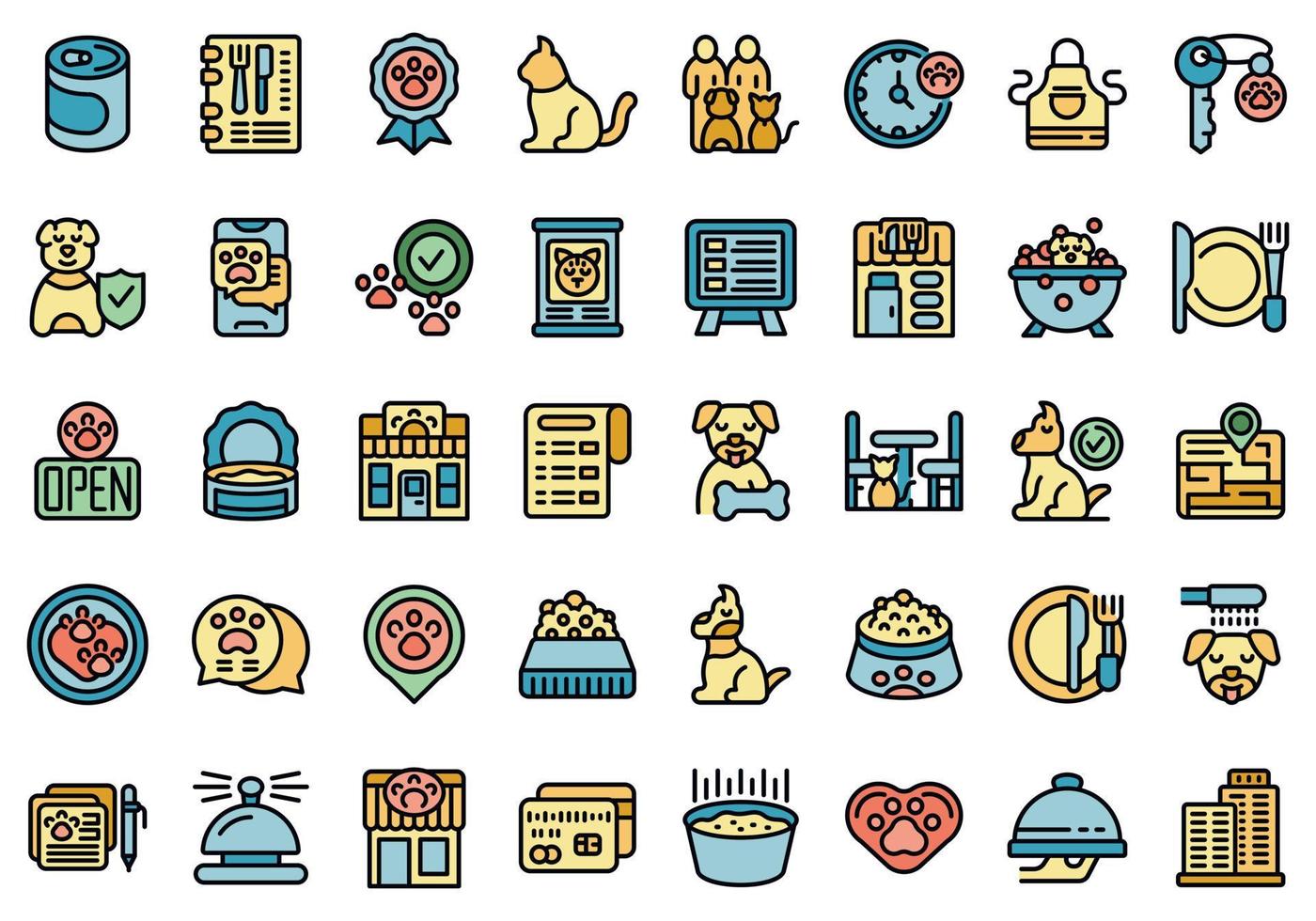 Pet restaurant icons set vector color outline