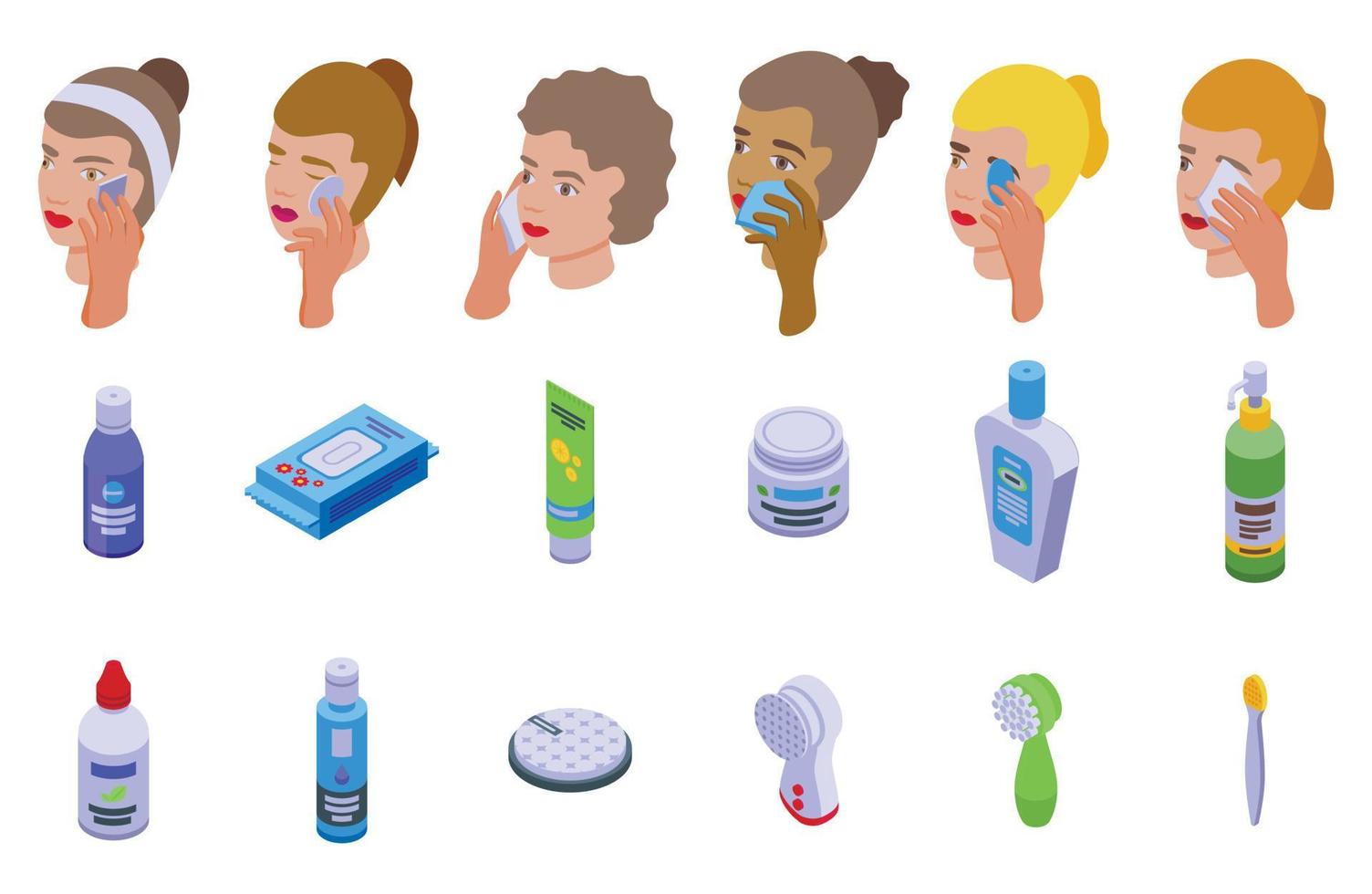 Make-up removal icons set isometric vector. Face beauty remove vector