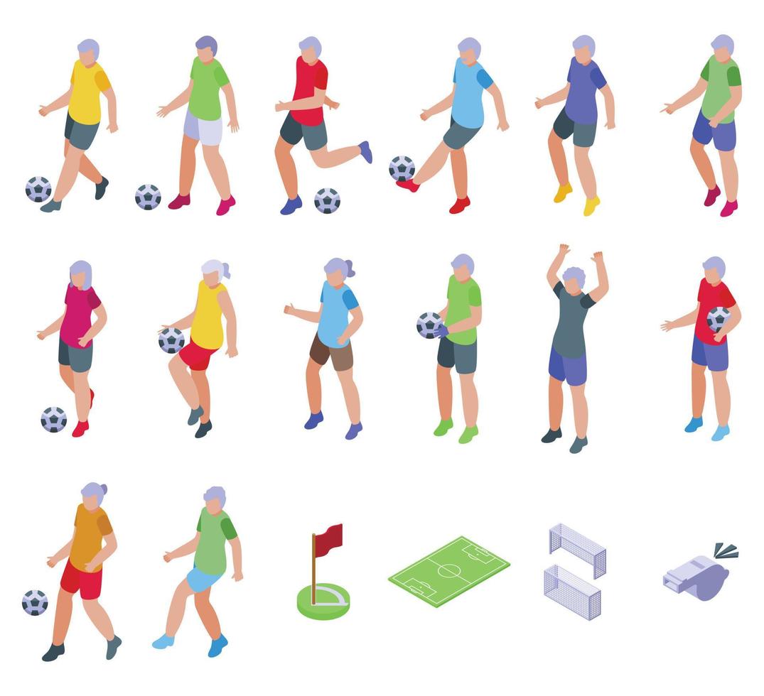 las personas mayores juegan iconos de fútbol establecidos vector isométrico. deporte de futbol