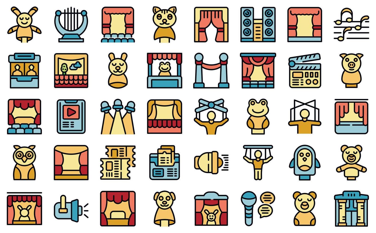 Puppet theater icons set vector color outline