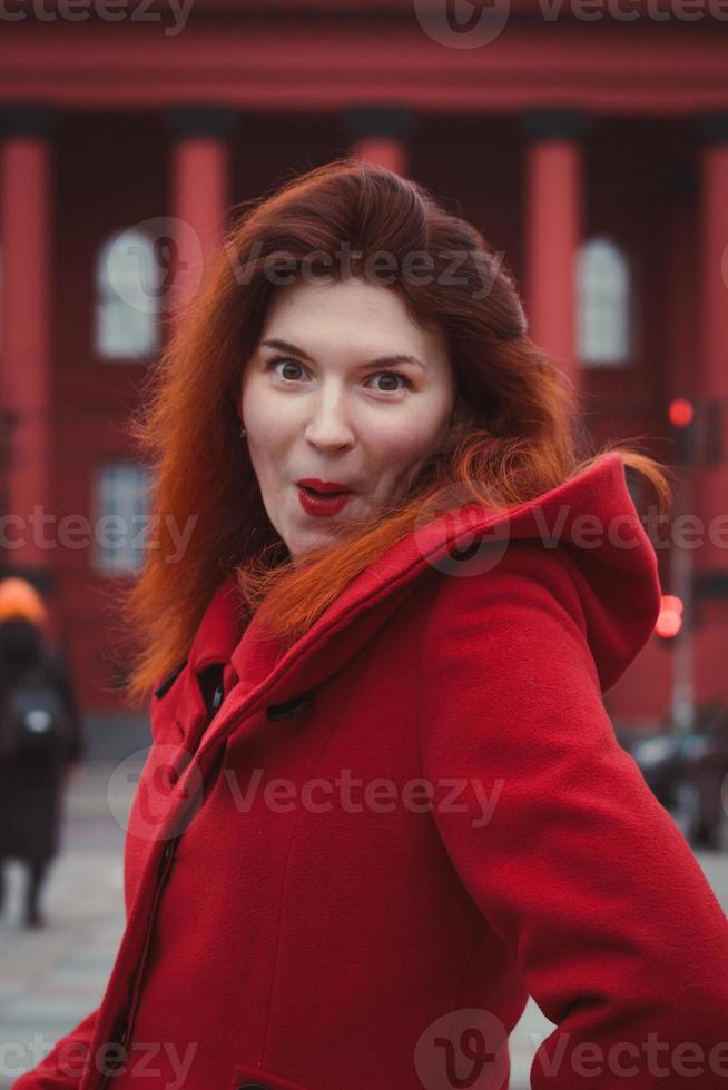 Close up surprised woman in bright coat on street portrait picture photo