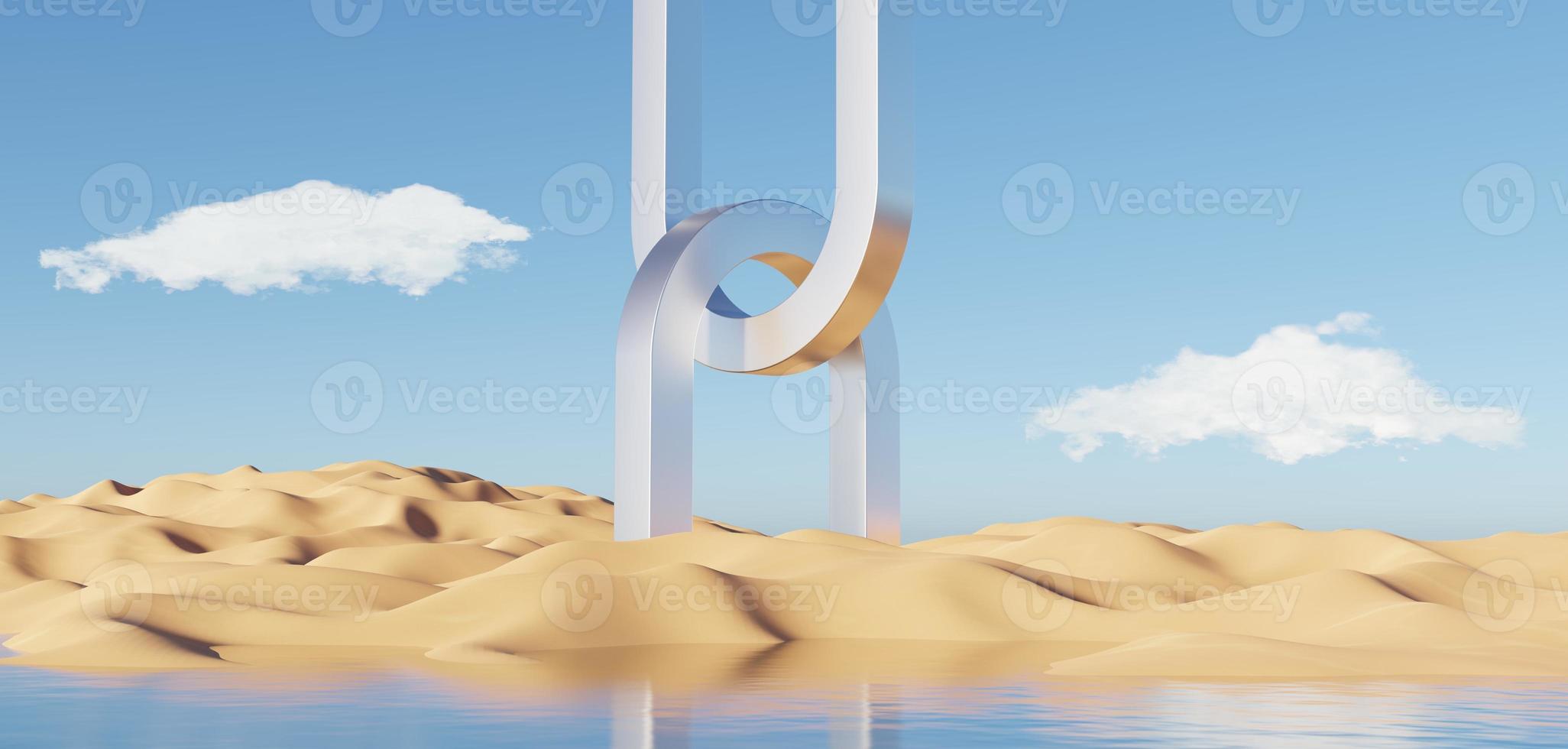 Abstract Dune cliff sand with metallic Arches and clean blue sky. Surreal minimal Desert natural landscape background. Scene of Desert with glossy metallic arches geometric design. 3D Render. photo