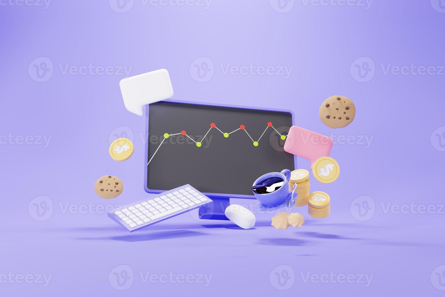3d render of Computer Monitor screen with keyboard, coffee and cookies floating around on purple pastel background. Minimal icon concept. photo