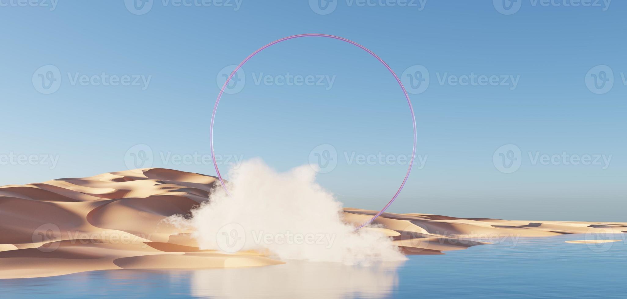 Abstract Dune cliff sand with metallic Arches and clean blue sky. Surreal minimal Desert natural landscape background. Scene of Desert with glossy metallic arches geometric design. 3D Render. photo