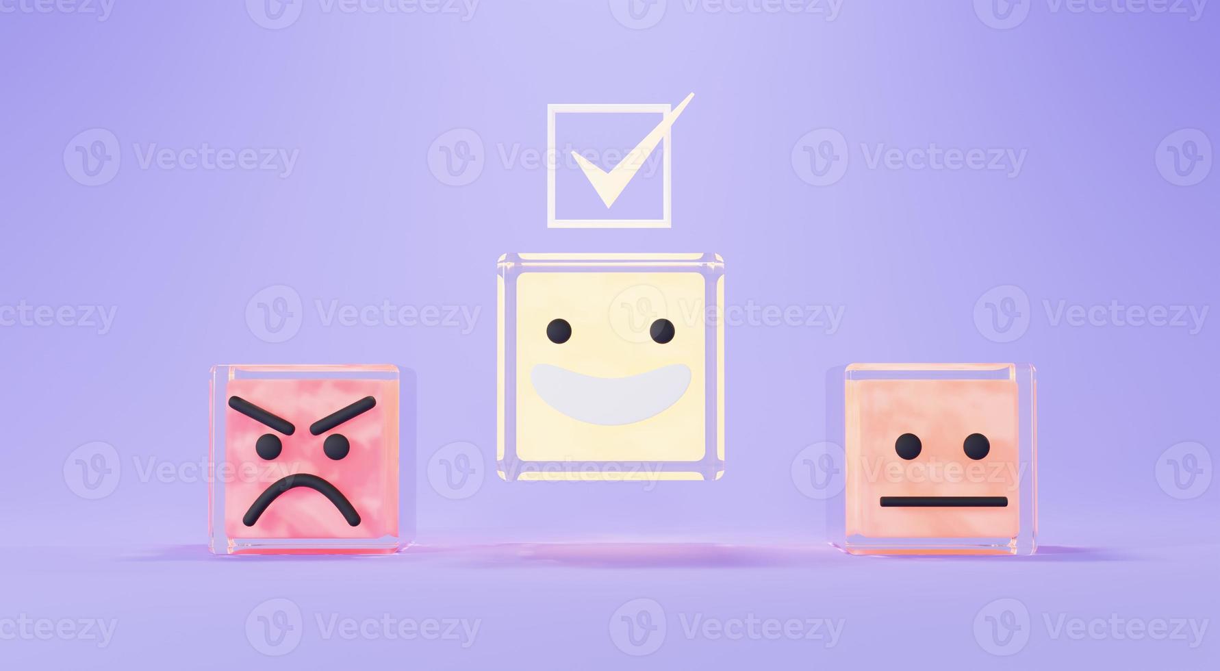 3d render of Customer satisfaction Choices rating from bad to good with star light. Minimal design concept on pastel purple background. Users give rating for evaluation. photo