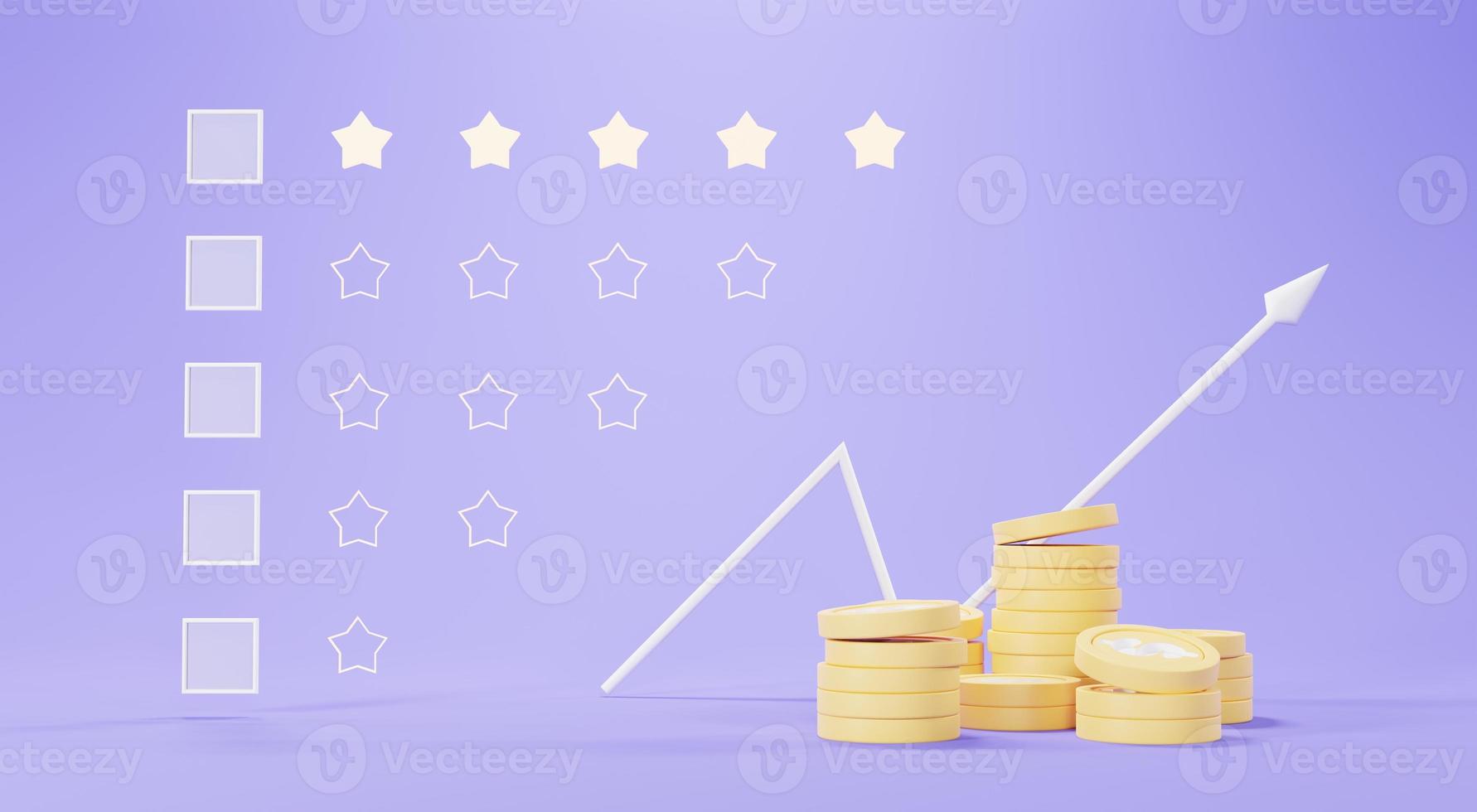 3d render of golden coins stack with growing bar graph in saving money for goal Concept. Customer satisfaction Choices rating from 1 star to 5 stars light . Minimal pastel scene. Users giving rating. photo
