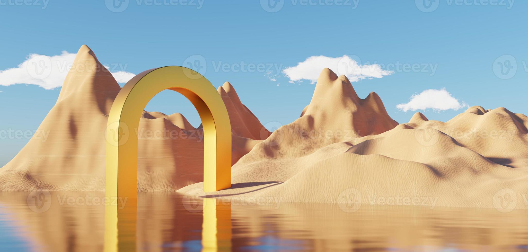 Abstract Dune cliff sand with metallic Arches and clean blue sky. Surreal minimal Desert natural landscape background. Scene of Desert with glossy metallic arches geometric design. 3D Render. photo