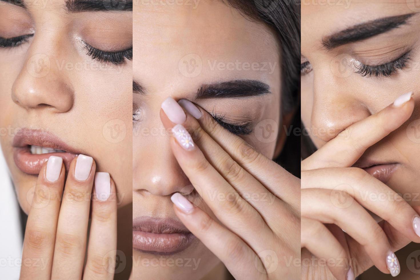 Collage of Young woman touches her nose, eyes and Mouth - Concept showing avoid touch face to protect and prevent form covid-19, sars cov 2 or coronavirus outbreak or spreading. photo