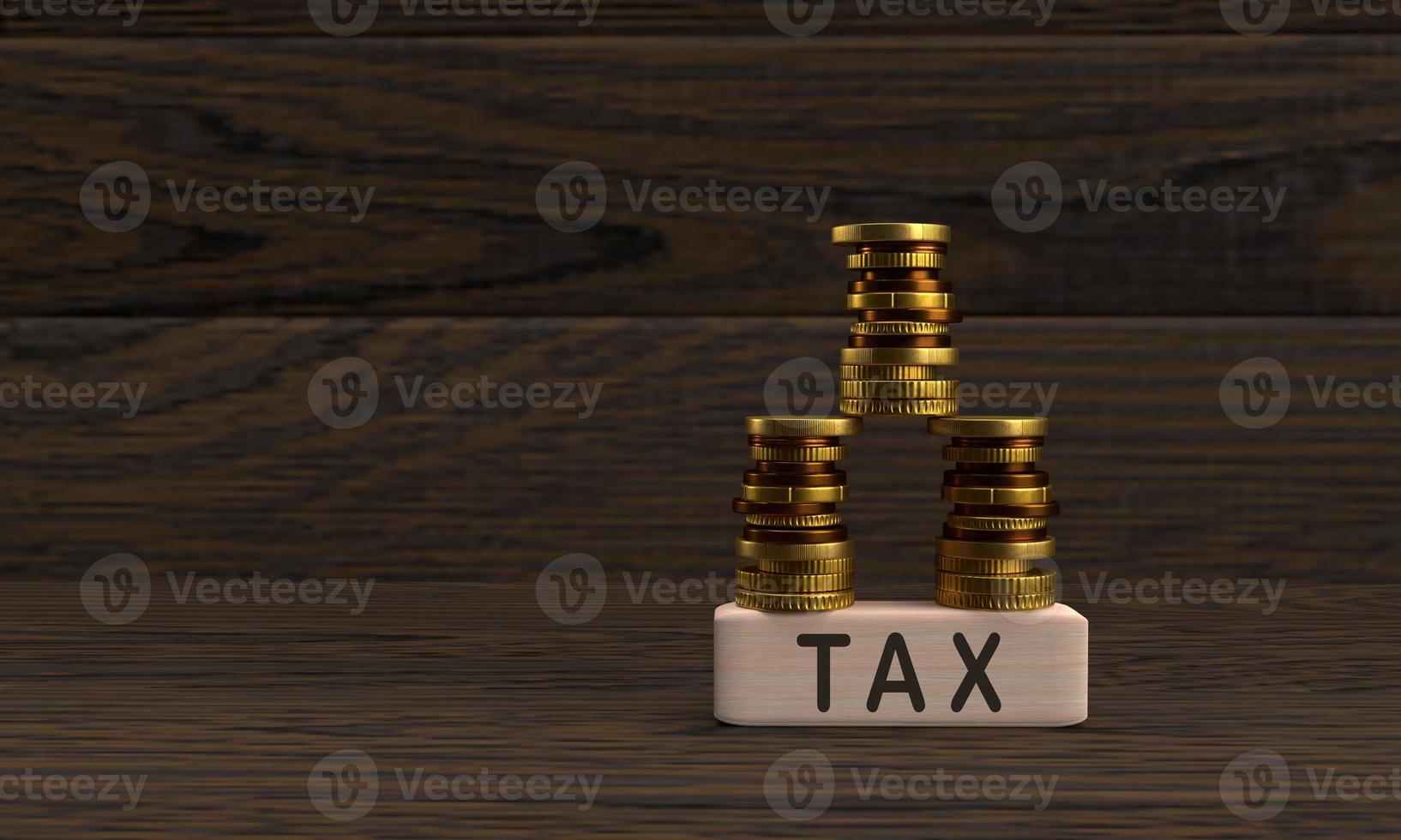 Block wooden cube background copy space symbol decoration coin golden yellow color tax font text april business financial marketing investment wealth budget debt profit accounting stock.3d render photo